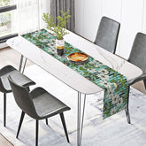 Aperturee - Aperturee Botanical Stripe Table Runner with Green Leaves and Floral Print for Spring and Summer Kitchen Decor